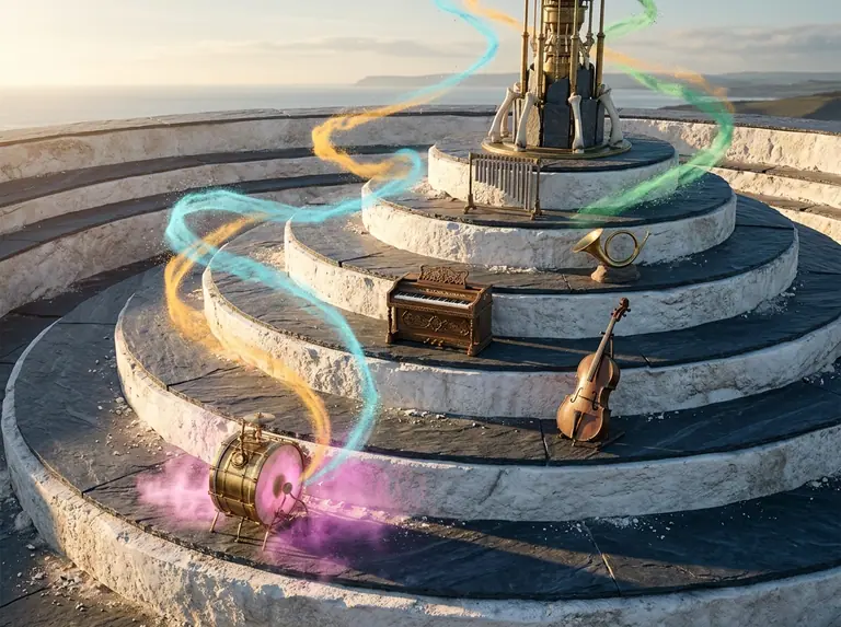 Five concentric chalk and slate stage rings where brass and stone musical instruments light up one layer at a time in clouds of pastel dust.