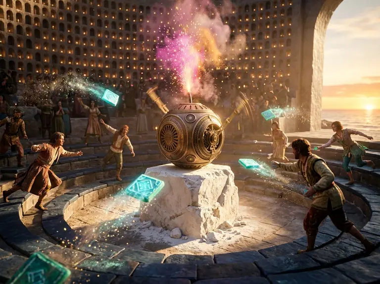 A round brass kettle-bomb with a fizzing magenta pastel fuse at the centre of a slate amphitheatre ring surrounded by glowing lantern alcoves.
