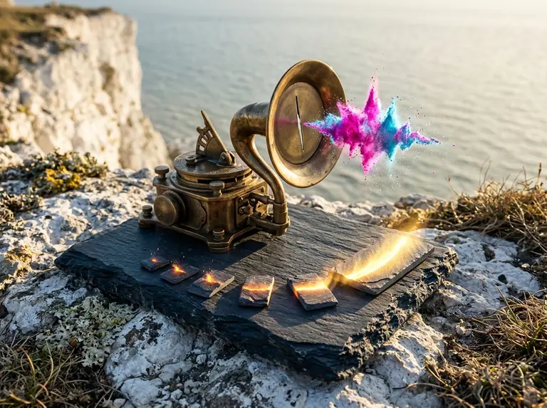 A brass shutter-horn on a dark slate plinth releasing a single tiny spark of magenta and cyan chalk dust beside six stepped progress bars.