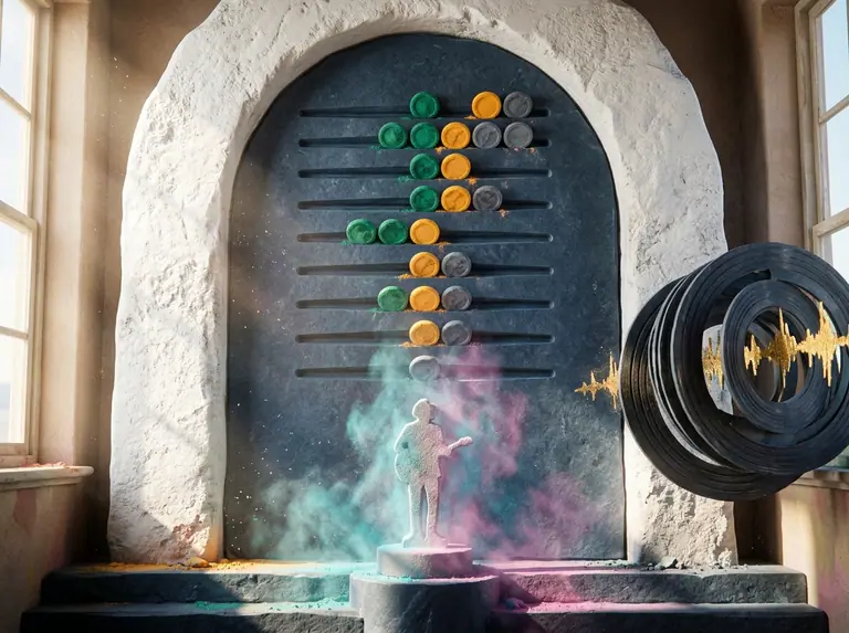 A vertical blue-slate deduction board with coloured chalk medallions pointing toward a spotlighted limestone musician sculpture on a stage.