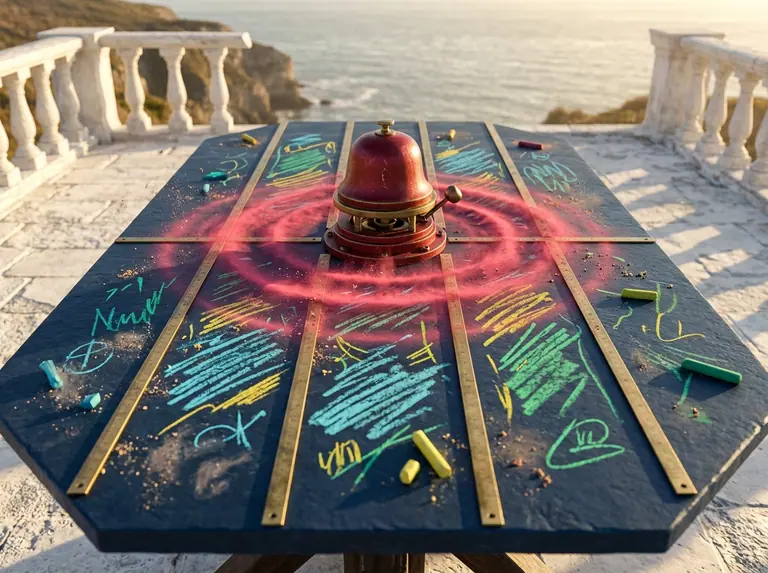 An octagonal blue-slate table divided by brass rulers with a central crimson-and-brass stop bell sending a ring of magenta chalk dust across the board.