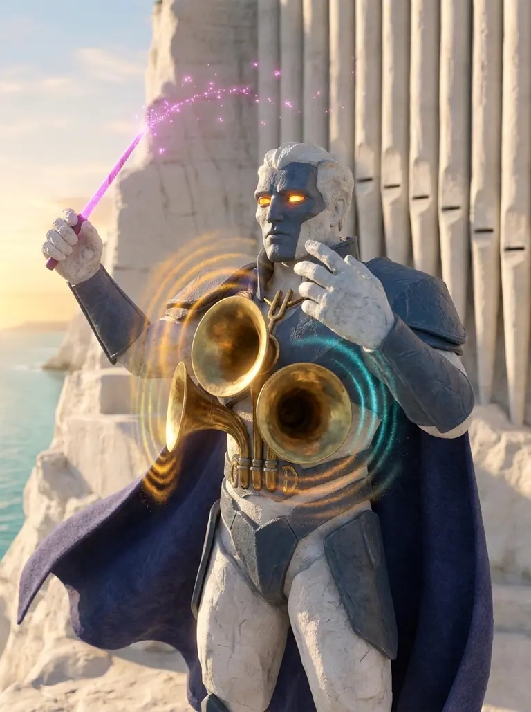Portrait of Maestro Calcor Vane with spun-brass chest horns and a glowing magenta pastel baton in front of a white chalk organ wall.